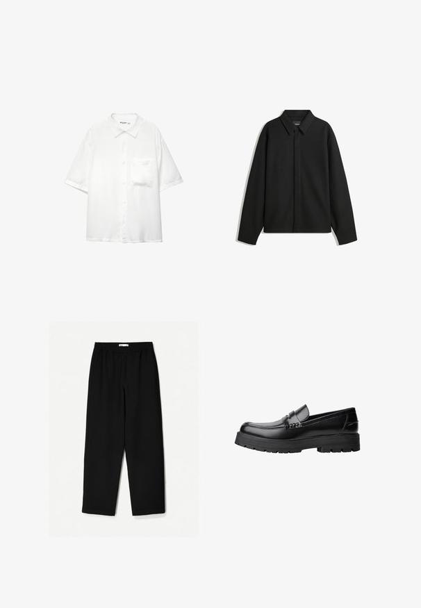 Schwarze Langarmhemdjacke mit spitzem Kragen, Frontblende und glatter Textur. Lässiger Schnitt mit abgesenkten Schultern.; Kurzärmliges weißes Hemd mit Knopfleiste, aus glattem Stoff gefertigt, mit Kragen und einer einzelnen Brusttasche, im legeren Schnitt.; Schwarze, weit geschnittene Hose aus leichtem Stoff. Mit elastischem Bund und glatter Textur. Keine sichtbaren Muster oder Beschläge.; Schwarzer Lederloafer mit grobem, rutschfestem Sohlenprofil und dekorativem Riemen über der Oberseite, seitlich links auf weißem Hintergrund abgebildet.