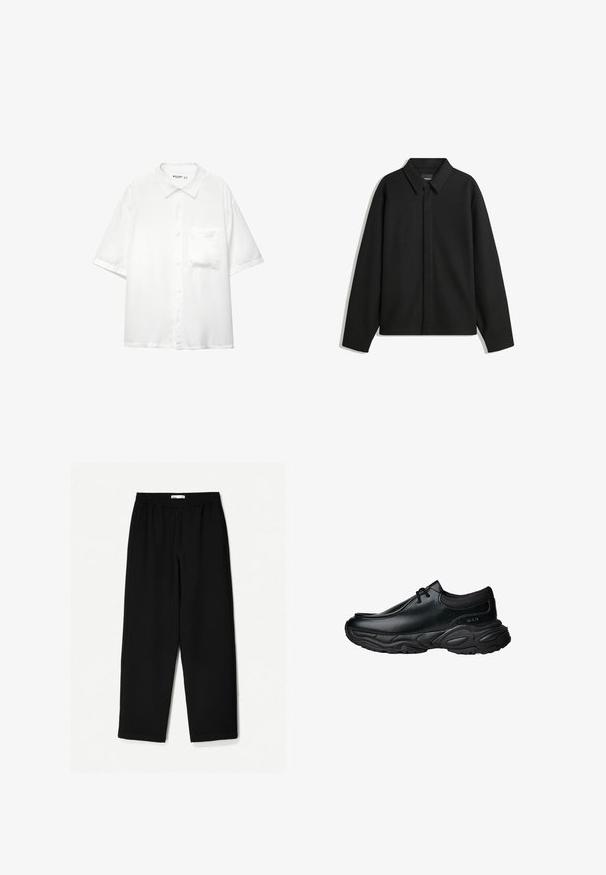 Schwarze Langarmhemdjacke mit spitzem Kragen, Frontblende und glatter Textur. Lässiger Schnitt mit abgesenkten Schultern.; Kurzärmliges weißes Hemd mit Knopfleiste, aus glattem Stoff gefertigt, mit Kragen und einer einzelnen Brusttasche, im legeren Schnitt.; Schwarze, weit geschnittene Hose aus leichtem Stoff. Mit elastischem Bund und glatter Textur. Keine sichtbaren Muster oder Beschläge.; Schwarze Leder-Slipper mit runder Spitze und dicker, strukturiertem Gummisohle. Besitzt dezente Nähte und elastische Akzente am Schaft.
