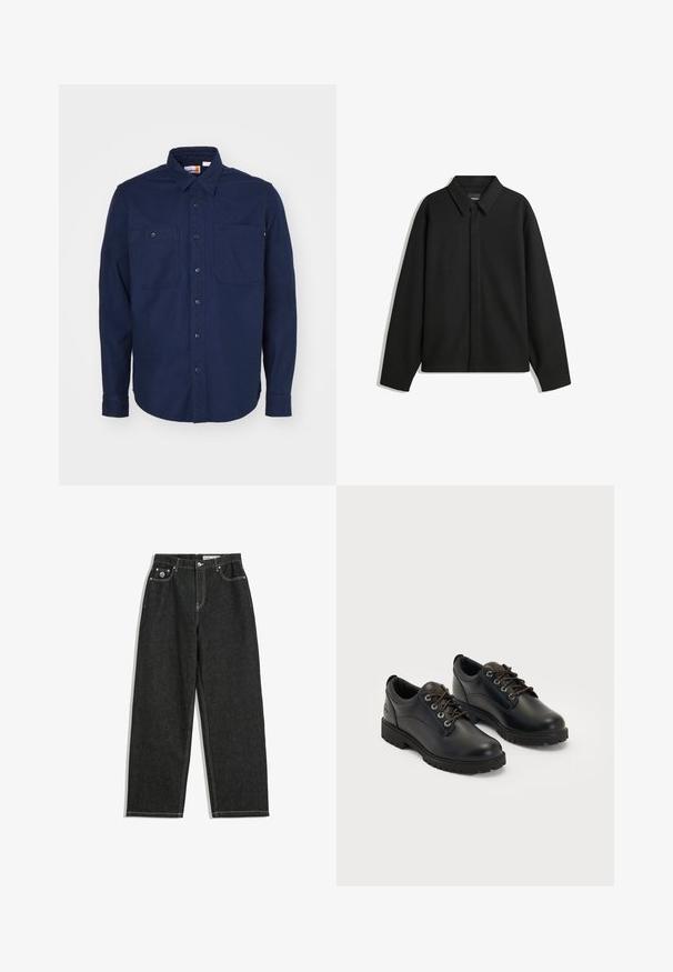 Svart långärmad skjortjacka med spetsig krage, frontknäppning och en slät yta. Avslappnad passform med sänkta axlar.; Marinblå knäppskjorta i bomull med spetsig krage, långa ärmar, två bröstfickor och rak nederkant.; Svarta raka jeans med vita sömmar, fem-ficksdesign, knapp- och dragkedjestängning, samt en liten logotyp på den högra framfickan.; Svarta läderkängor med rund tå, snörningsdesign, grå sömmar och texturerade detaljer. Har en tjock gummisula för grepp.