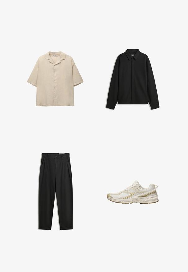 Svart långärmad skjortjacka med spetsig krage, frontknäppning och en slät yta. Avslappnad passform med sänkta axlar.; Kortärmad beige skjorta i ett lätt tyg, med en notchad krage och fem knappar framtill, med en avslappnad passform.; Svarta bomullsshorts med avslappnad passform, med en klassisk midja, framveck och sidfickor. Slät textur utan mönster.; Vita sportskor i mesh och syntetiskt material, med en rund tå, dämpad sula och beige accentfärg på sidorna.