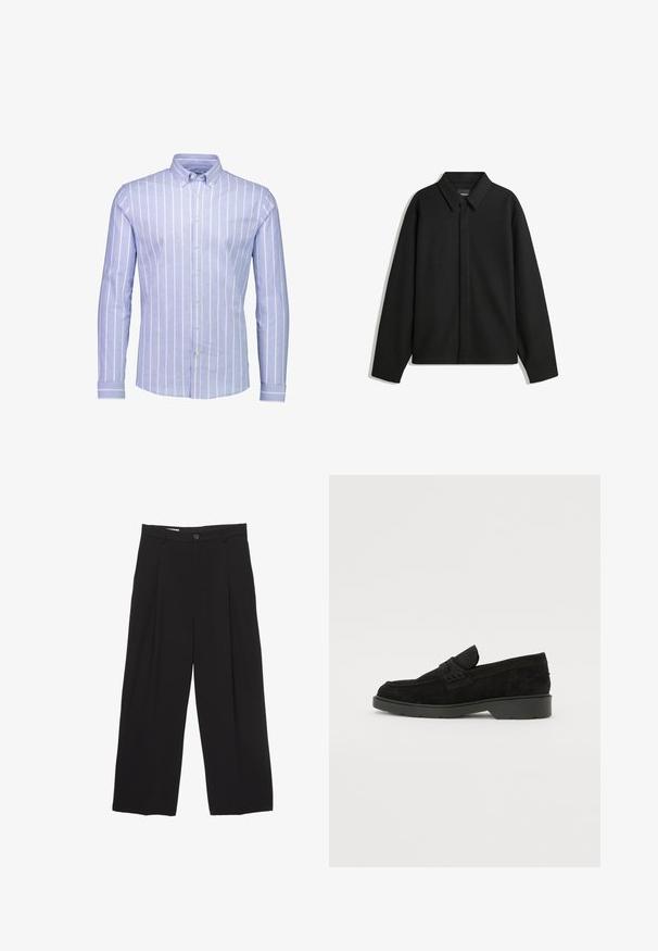 Musta pitkähihainen paita-takki, jossa on terävä kaulus, etupaneeli ja sileä materiaali. Rento istuvuus ja laskeutuvat olkapäät.; Vaaleansininen pitkähihainen napillinen paita, jossa on valkoisia pystysuoria raitoja, napillinen kaulus ja erottuvat raidoitetut hihansuut. Pehmeä kangas.; Mustat väljät housut, jotka on valmistettu sileästä kankaasta ja joissa on litteä vyötärö, etupleaatit ja yksi nappisulku.; Musta mokkasiinipohja, jossa on matala korko, ja jonka päällä on yksinkertainen nauha sekä teksturoitu yksityiskohta sivuilla.