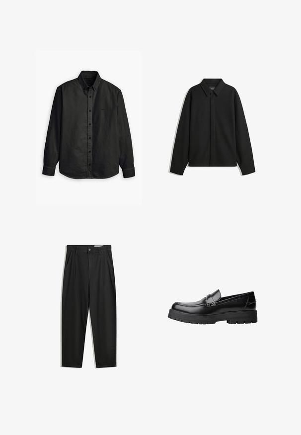 Giacca nera a maniche lunghe con colletto a punta, patta frontale e una texture liscia. Vestibilità rilassata con spalle scese.; Levi's® AUTHENTIC BUTTON DOWN - Camicia - kincaid jet black garment dye; Pantaloni in cotone neri con una vestibilità rilassata, dotati di una vita classica, pieghe frontali e tasche laterali. Tessuto liscio senza fantasie.; Mocassino in pelle nera con suola spessa e tassellata e fascia decorativa sulla parte superiore, mostrato in profilo sinistro su sfondo bianco.