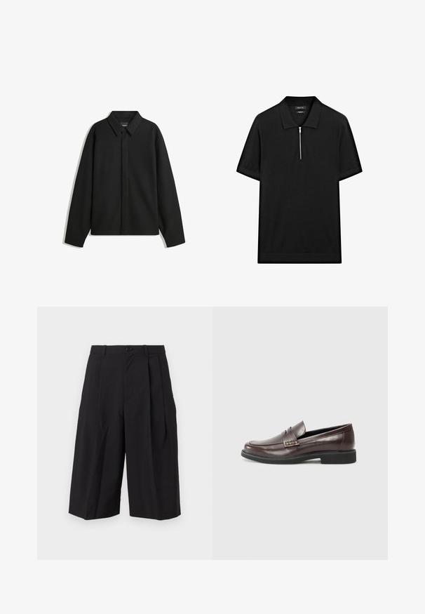 Černá bunda s dlouhým rukávem, špičatým límcem, přední légou a hladkým texturem. Volný střih s kleslými rameny.; Černé polo tričko s krátkým rukávem, stojatým límečkem a předním zipem. Vyrobeno z hladké tkaniny s čistým, minimalistickým designem.; Černé skládací šortky vyrobené z hladké látky, s předním zapínáním na knoflík a širokými, volnými nohavicemi.; Hnědé kožené mokasíny s hladkým povrchem, které mají jemný prošitý detail na svršku a černou gumovou podrážku.