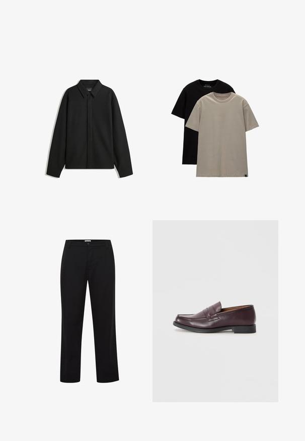 Fekete, hosszú ujjú ingdzseki hegyes gallérral, elülső gombolással és sima textúrával. Laid-back fit, lekonyult vállakkal.; Két póló szett; az egyik fekete, a másik világos bézs. Normál fit, kerek nyakkivágással, puha pamutanyagból készült. Egyszerű dizájn, minták nélkül.; Fekete nadrág egyenes szabással, sima anyagból készült, gombos záródással és övbújtatókkal. Látható minták vagy díszítések nélkül.; Burgundi bőr loafer cipők lekerekített orral, finom varrott részletekkel és alacsony fekete talppal. Klasszikus dizájn, minimális díszítéssel.