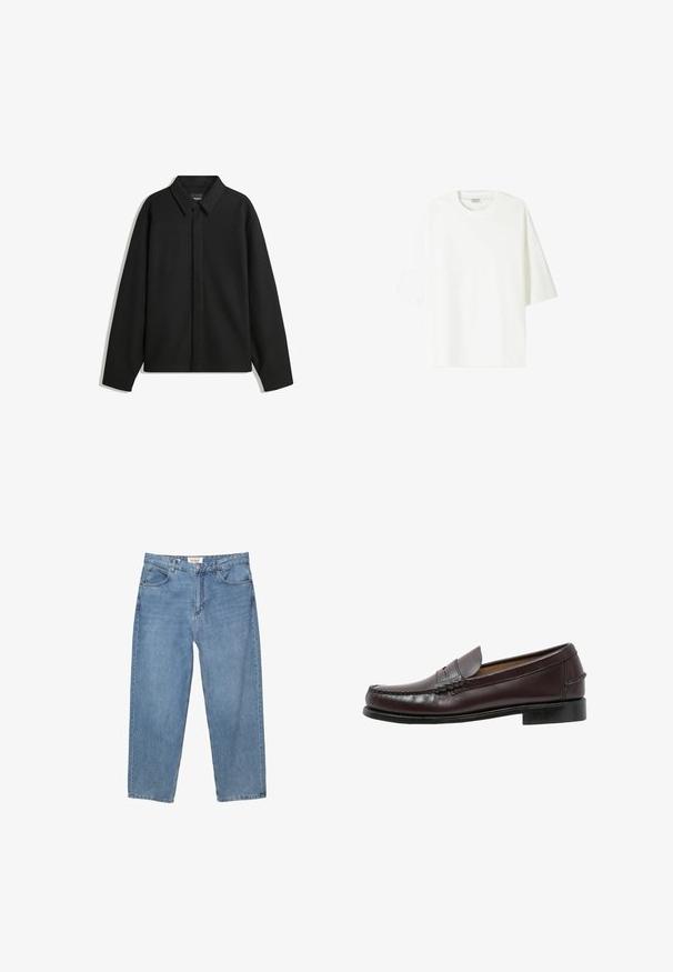 Črna dolga majica s kratkimi rokavi z ostrim ovratnikom, sprednjim zapiranjem in gladko teksturo. Ohlapen kroj z nizkimi rameni.; Bela kratka majica s kratkimi rokavi, izdelana iz bombaža, z okroglo ovratnikom in sproščenim krojem ter ravnim robom.; Svetlo modri jeans z ravnim krojem, pet žepnim dizajnom in vidno blagovno znamko na pasu.; Sebago CLASSIC DAN - Elegantni čevlji brez vezalk - cordo