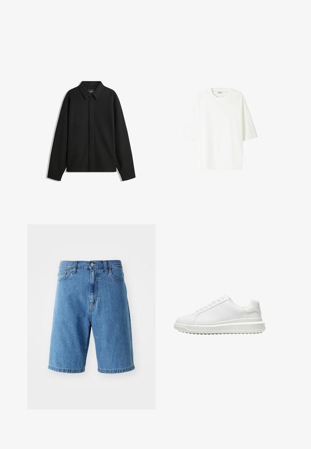 Fekete, hosszú ujjú ingdzseki hegyes gallérral, elülső gombolással és sima textúrával. Laid-back fit, lekonyult vállakkal.; Fehér, rövid ujjú póló, amely pamutból készült, kerek nyakkivágással és laza szabással, egyenes alsó szegéllyel.; Kék farmer rövidnadrág laza szabással, övcsat körüli derékpánttal, elülső gombos záródással és felgöngyölt szegéllyel. Nincsenek látható minták vagy díszítés.; Fehér edzőcipő sima szintetikus felsőrész, kerek orr, lapos fűzők, texturált talp és réteges, platform dizájn a magasabb megjelenés érdekében.