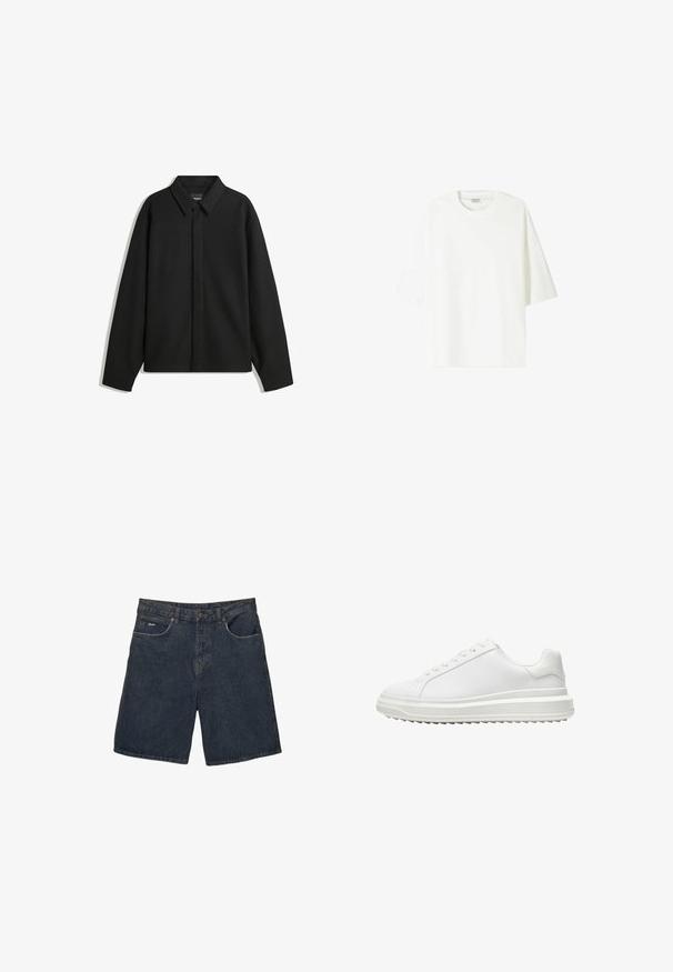 Fekete, hosszú ujjú ingdzseki hegyes gallérral, elülső gombolással és sima textúrával. Laid-back fit, lekonyult vállakkal.; Fehér, rövid ujjú póló, amely pamutból készült, kerek nyakkivágással és laza szabással, egyenes alsó szegéllyel.; Sötétkék farmer sort, klasszikus öt zsebes kialakítással, övhurkokkal és gombos zárással; textúrált anyag, enyhe kopással.; Fehér edzőcipő sima szintetikus felsőrész, kerek orr, lapos fűzők, texturált talp és réteges, platform dizájn a magasabb megjelenés érdekében.