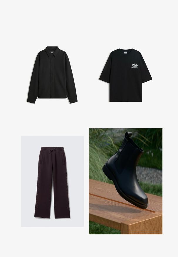 Veste chemise noire à manches longues, avec un col pointu, une patte de boutonnage à l'avant et une texture lisse. Coupe décontractée avec épaules tombantes.; T-shirt en coton noir surdimensionné avec un col rond et des manches courtes, arborant un logo "Shibuya" blanc imprimé à l'avant.; Pantalons de survêtement violet foncé avec une taille élastique, un cordon de serrage, des poches latérales et des détails brodés discrets le long des jambes extérieures.; Bottes chevilles en cuir noir avec une finition lisse, des panneaux élastiques sur les côtés et une languette en boucle sur le tige, posées sur une surface en bois.