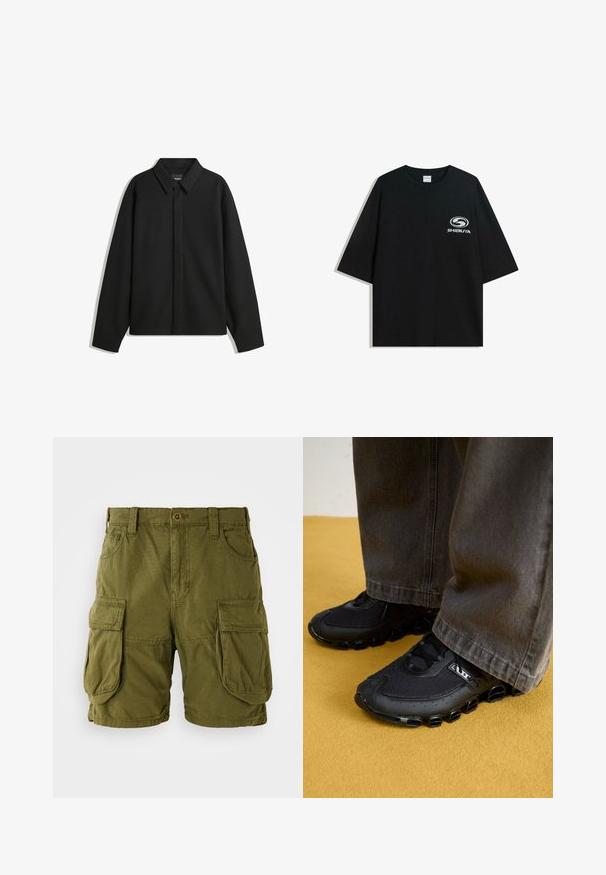 Svart långärmad skjortjacka med spetsig krage, frontknäppning och en slät yta. Avslappnad passform med sänkta axlar.; Svart oversized t-shirt i bomull med rund halsringning och korta ärmar, med en vit "Shibuya"-logotyp tryckt på framsidan.; Olivgrön cargo-shorts i bomullsmaterial. Har två stora sidofickor och knappknäppning med bälteslopp. Slät textur.; Svarta träningsskor med ovandel i mesh, krökt sula och distinkta rundade detaljer. Kombinerat med mörka, löst sittande byxor.