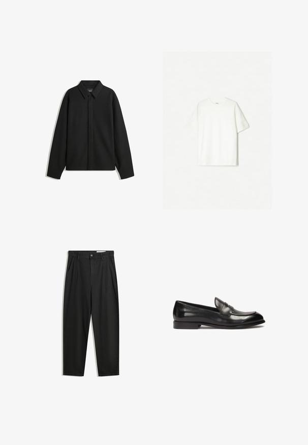 Čierna košeľa s dlhým rukávom vo forme bundy s špicatým golierom, prednou légou a hladkou textúrou. Voľný strih s spadnutými plecami.; Biele tričko s krátkym rukávom vyrobené z mäkkého bavlneného materiálu. S dizajnom s okrúhlym výstrihom, vo voľnom strihu, bez viditeľných log či vzorov.; Čierne bavlnené nohavice s voľným strihom, s klasickým pásom, prednými záhybmi a bočnými vreckami. Hladká textúra bez vzorov.; Čierne kožené mokasíny s nízkym podpätkom, s prešitým špičkovým dizajnom a predným panelom. Hladká textúra s lesklým povrchom.