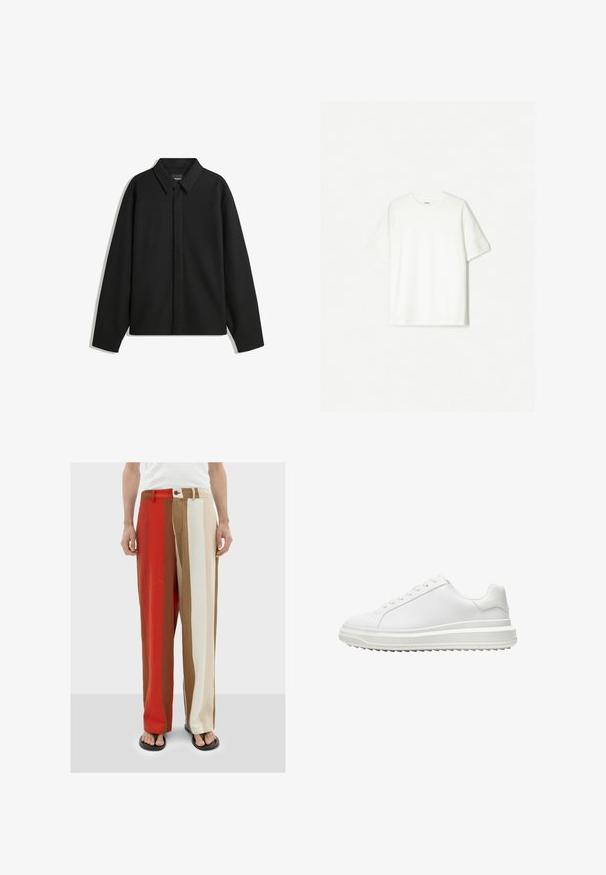 Black long-sleeve shirt jacket with a pointed collar, front placket, and a smooth texture. Relaxed fit with dropped shoulders.; White short-sleeve t-shirt made of soft cotton. Crew neck design with a relaxed fit and no visible logos or patterns.; Thinking Mu MARC - Trousers - red; White sneaker with a smooth synthetic upper, round toe, flat laces, textured sole, and a layered, platform design for added height.