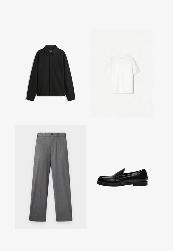 Črna dolga majica s kratkimi rokavi z ostrim ovratnikom, sprednjim zapiranjem in gladko teksturo. Ohlapen kroj z nizkimi rameni.; Bela kratka majica s kratkimi rokavi iz mehkega bombaža. Oblečen kroj s sproščenim prileganjem in brez vidnih logotipov ali vzorcev.; Sive, široke hlače z ravnimi hlačnicami iz teksturirane tkanine z gumbnim zapiranjem, stranskimi žepi in izrazitimi gubami vzdolž nog.; Črne usnjene loafer čevlje z gladko površino, ki imajo šivano dekoracijo na vampu in nizko, trdo črno gumijasto podplat.