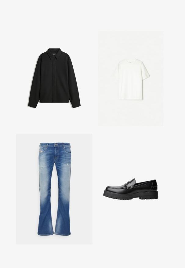 Črna dolga majica s kratkimi rokavi z ostrim ovratnikom, sprednjim zapiranjem in gladko teksturo. Ohlapen kroj z nizkimi rameni.; Bela kratka majica s kratkimi rokavi iz mehkega bombaža. Oblečen kroj s sproščenim prileganjem in brez vidnih logotipov ali vzorcev.; Modre scurjene bootcut kavbojke z rahlimi poškodovanji na sprednjih stegen ter klasičnim pet-pocket dizajnom na beli podlagi.; Črne usnjene loafersice s debelim profiliranim podplatom in dekorativnim pasom čez zgornji del, prikazane v levem stranskem profilu na beli podlagi.