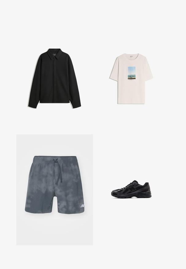 Fekete, hosszú ujjú ingdzseki hegyes gallérral, elülső gombolással és sima textúrával. Laid-back fit, lekonyult vállakkal.; Fehér pamut póló, amelyen egy téglalap alakú grafikai ábrázolás látható: tengerparti kilátás és két szék, kék ég és víz tónusokkal.; Szürke sportos rövidnadrág, állítható húzózsinórral, strukturált anyagból készült, egyik oldalán pöttyös mintázattal és a jobb alsó sarokban egy logóval.; Fekete sportcipő hálós felsőrésszel és szintetikus áthúzásokkal, texturált talppal és fényvisszaverő részletekkel a láthatóság érdekében.
