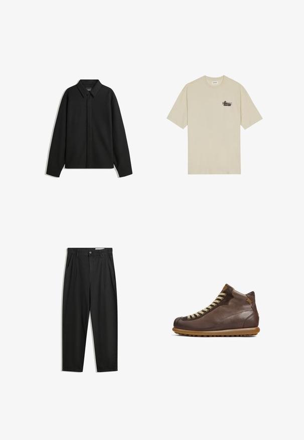 Čierna košeľa s dlhým rukávom vo forme bundy s špicatým golierom, prednou légou a hladkou textúrou. Voľný strih s spadnutými plecami.; Bežové bavlnené tričko s krátkym rukávom, okrúhlym výstrihom a čiernym grafickým potlačou s nápisom "RÍM" na prednej strane.; Čierne bavlnené nohavice s voľným strihom, s klasickým pásom, prednými záhybmi a bočnými vreckami. Hladká textúra bez vzorov.; Camper PELOTAS ARIEL - Členkové šnurovacie čižmy - dunkelbraun