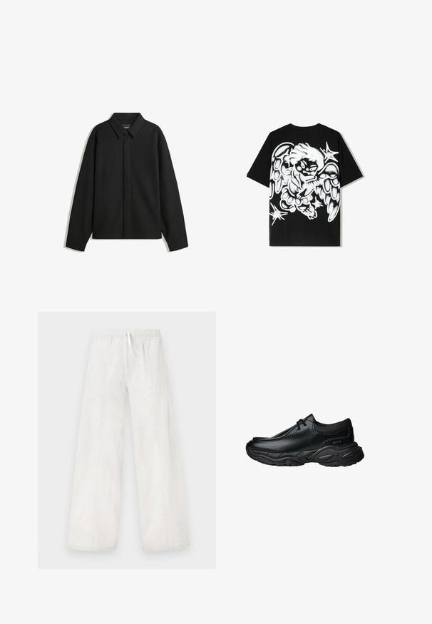 Černá bunda s dlouhým rukávem, špičatým límcem, přední légou a hladkým texturem. Volný střih s kleslými rameny.; Černé bavlněné tričko s velkým bílým graffiti stylu anděla na zádech, s detailními křídly a hvězdami.; Bílé široké kalhoty z lněného materiálu s elastickým pasem a detailem šňůrky. Hladký povrch a rovný střih, s bočními švy.; Černé kožené nazouvací boty s kulatou špičkou a silnou texturovanou gumovou podrážkou. Mají jemné švy a elastické akcenty kolem límce.