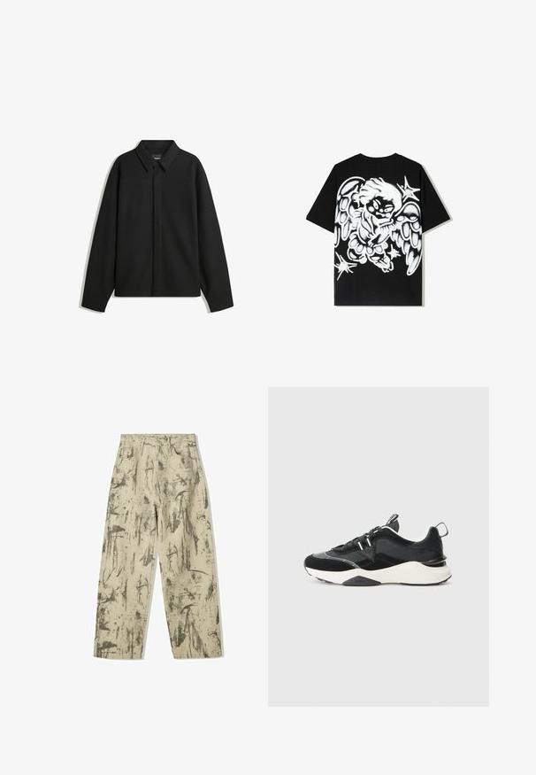 Fekete, hosszú ujjú ingdzseki hegyes gallérral, elülső gombolással és sima textúrával. Laid-back fit, lekonyult vállakkal.; Fekete pamut póló, amelynek hátulján egy nagy, fehér graffitis angyal design található, részletes szárnyakkal és csillag díszítésekkel.; Bershka BAGGY PRINTED - Bő szabású farmernadrág - evergreen; Fekete sneaker, ami velúr és hálós anyagok keverékéből készült, vastag fehér talppal és fényvisszaverő részletekkel rendelkezik. Fűzős kialakítás, húzófüllel.