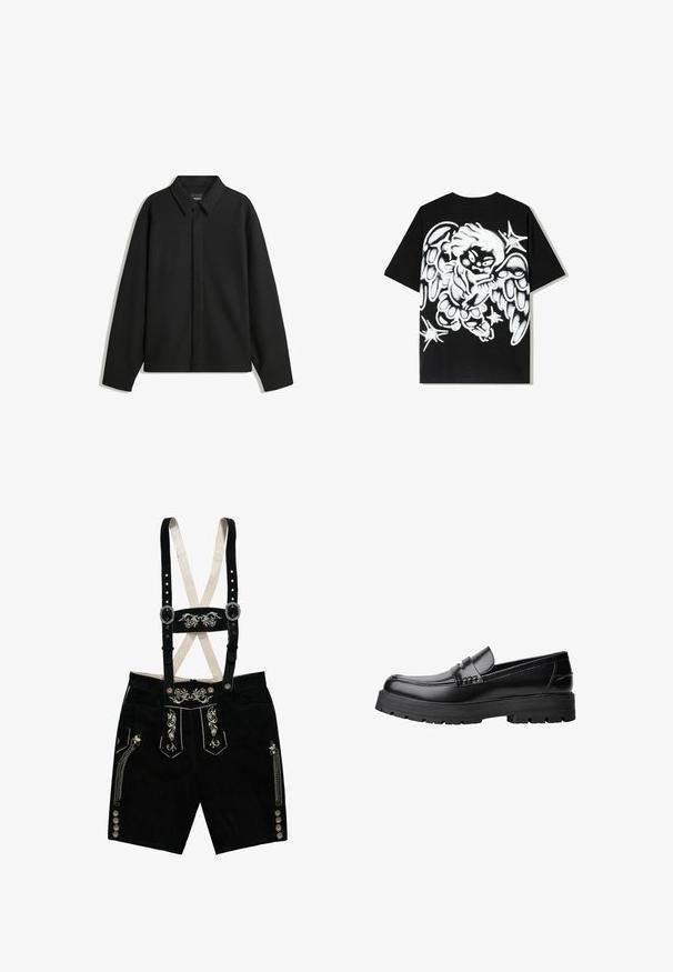 Schwarze Langarmhemdjacke mit spitzem Kragen, Frontblende und glatter Textur. Lässiger Schnitt mit abgesenkten Schultern.; Schwarzes Baumwoll-T-Shirt mit einem großen weißen Graffiti-Engel-Design auf dem Rücken, mit detaillierten Flügeln und Sternakzenten.; Schwarze Wildleder-Lederhosen mit gestickten Blumenmustern, verstellbaren Trägern, silbernen Knöpfen und Seitentaschen. Akzente aus silbernem Faden.; Schwarzer Lederloafer mit grobem, rutschfestem Sohlenprofil und dekorativem Riemen über der Oberseite, seitlich links auf weißem Hintergrund abgebildet.