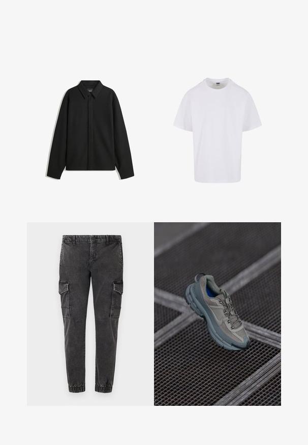 Črna dolga majica s kratkimi rokavi z ostrim ovratnikom, sprednjim zapiranjem in gladko teksturo. Ohlapen kroj z nizkimi rameni.; Bela bombažna majica s krojem obeh, kratkimi rokavi in ravnim robom. Tkanina se zdi gladka, s klasičnim, sproščenim krojem.; Črne cargo hlače z elastičnimi manšetami, z velikimi stranskimi žepi, sproščenim krojem in rahlo obrabljenim, strukturiranim denimom.; Bež in siva športna čevlja z teksturiranim mrežastim zgornjim delom, okroglem nosu in gumijastim podplatom, opremljena z vezalkami in oblazinjenim ovratnikom.