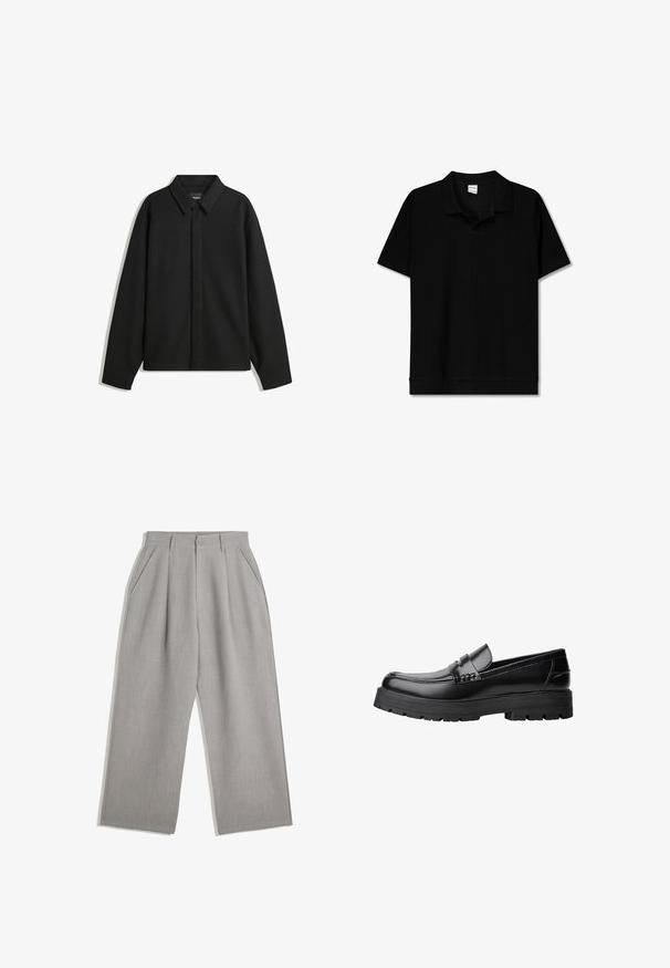 Fekete, hosszú ujjú ingdzseki hegyes gallérral, elülső gombolással és sima textúrával. Laid-back fit, lekonyult vállakkal.; Fekete, rövid ujjú pólóing, bordázott textúrával, klasszikus gallérral és egyenes szegéllyel. Egyszerű és sokoldalú dizájn.; Világosszürke nadrág, egyenes szárú dizájnnal, két elülső plissé és oldalsó zsebek találhatók rajta, sima anyagból készült.; Fekete bőr loaferek vastag, bordázott talppal és díszcsíkkal az upper rész felett, bal oldali profilmódban, fehér háttér előtt.
