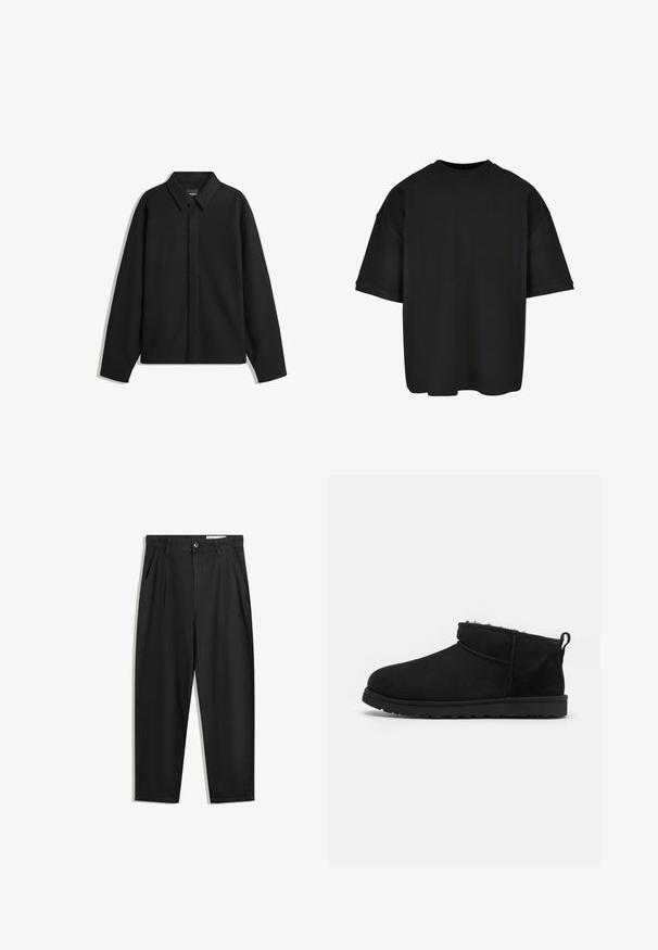 Black long-sleeve shirt jacket with a pointed collar, front placket, and a smooth texture. Relaxed fit with dropped shoulders.; Black oversized t-shirt made of ribbed fabric. Round neck, short sleeves, and a relaxed fit with a straight hem. Simple and versatile design.; Black cotton trousers with a relaxed fit, featuring a classic waistband, front pleats, and side pockets. Smooth texture without patterns.; Black suede ankle boots with a soft, textured lining, low-profile rubber sole, and a pull tab at the back for easy wear.