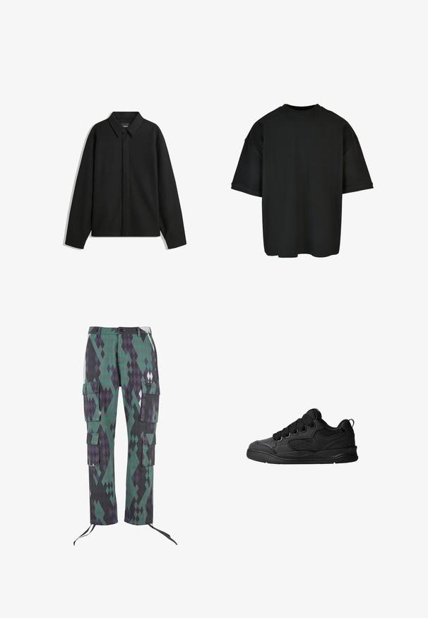 Črna dolga majica s kratkimi rokavi z ostrim ovratnikom, sprednjim zapiranjem in gladko teksturo. Ohlapen kroj z nizkimi rameni.; Črna oversize majica iz rebraste tkanine. Okrogla ovratnica, kratki rokavi in sproščen kroj s ravnim robom. Preprost in vsestranski dizajn.; Cargo hlače v diamantnem vzorcu zelene, vijolične in črne barve. Imajo šest žepov, nastavljive manšete in gumbasto zapiranje v pasu.; Črne superge z teksturiranim zgornjim delom, opremljene z vezalkami, mrežastimi dodatki za zračnost, oblazinjenim ovratnikom in trdnim podplatom.