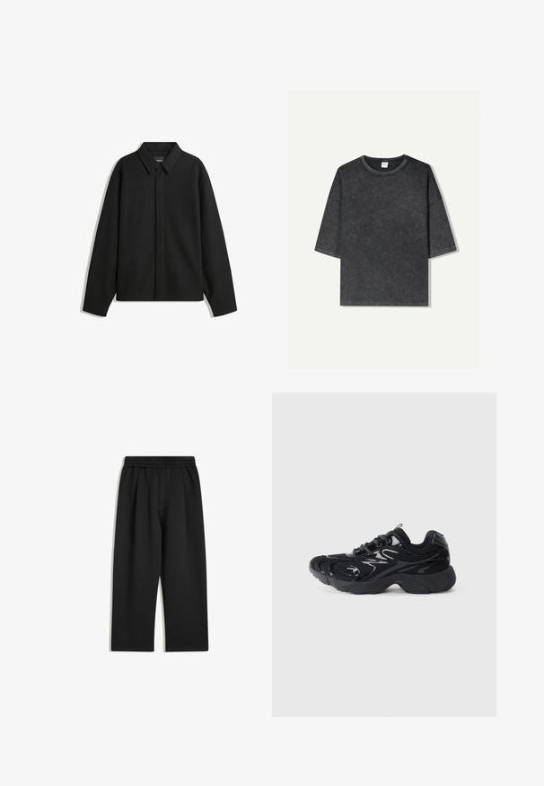 Černá bunda s dlouhým rukávem, špičatým límcem, přední légou a hladkým texturem. Volný střih s kleslými rameny.; Přetahující tričko s krátkým rukávem v tmavě šedé barvě, vyrobené z bavlny. Má kulatý výstřih a viditelné švy podél okrajů.; Černé široké kalhoty s elastickým pasem a bočními kapsami, zobrazené na bílém pozadí.; Černá sportovní bota s síťovinou a syntetickými akcenty, zaoblenou špičkou, texturovanou podešví a kontrastními lesklými detaily na svršku.