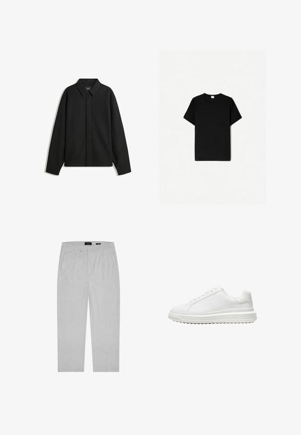 Černá bunda s dlouhým rukávem, špičatým límcem, přední légou a hladkým texturem. Volný střih s kleslými rameny.; Černé tričko s krátkým rukávem, kulatý výstřih, vyrobené z měkké bavlny, s hladkou texturou a bez viditelných vzorů či akcentů.; Světle šedé kalhoty s jemnou texturou, se sklady na přední straně, bočními kapsami a poutkami na opasek. Rovný střih, minimalistický design.; Bílé tenisky s hladkým syntetickým svrškem, kulatou špičkou, plochými tkaničkami, texturovanou podrážkou a vrstveným designem platformy pro zvýšení výšky.