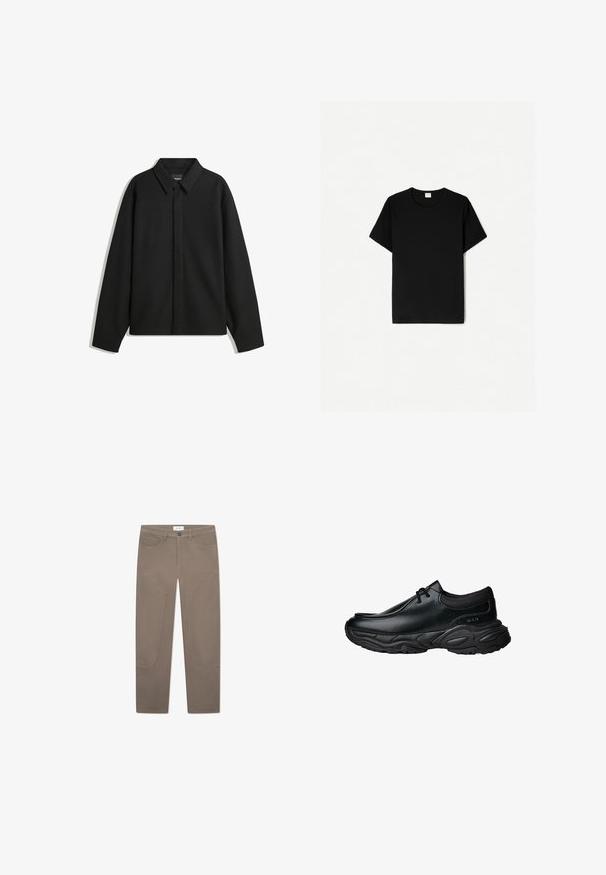 Crna jakna s dugim rukavima i oštrim ovratnikom, prednjim kopčanjem i glatkom teksturom. Opušteni kroj s spuštenim ramenima.; Crna majica kratkih rukava, dizajn s okruglim izrezom, izrađena od mekog pamučnog materijala, s glatkom teksturom i bez vidljivih uzoraka ili akcenta.; Smeđi hlače ravnog kroja s prednjim džepovima i naglašenim šavovima duž bočnih strana za dodatne detalje i teksturu.; Crne kožne cipele za klizanje s okruglim nosom i debelim teksturiranim gumennim đonom. Sadrže suptilnu obrubu i elastične akcenti na ovratniku.