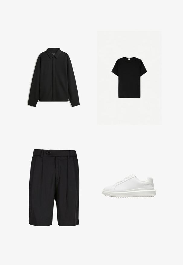 Čierna košeľa s dlhým rukávom vo forme bundy s špicatým golierom, prednou légou a hladkou textúrou. Voľný strih s spadnutými plecami.; Čierne tričko s krátkym rukávom, s klasickým výstrihom, vyrobené z mäkkej bavlny, s hladkým povrchom a bez viditeľných vzorov alebo akcentov.; Čierne šortky vyrobené z látky s hladkou textúrou, zdobené záhybmi, s gombíkovým zapínaním a potrhnutým okrajom pre štruktúrovaný vzhľad.; Biele tenisky so hladkým syntetickým zvrškom, okrúhlou špičkou, plochými šnúrkami, texturovanou podrážkou a vrstveným dizajnom platformy na zvýšenie výšky.