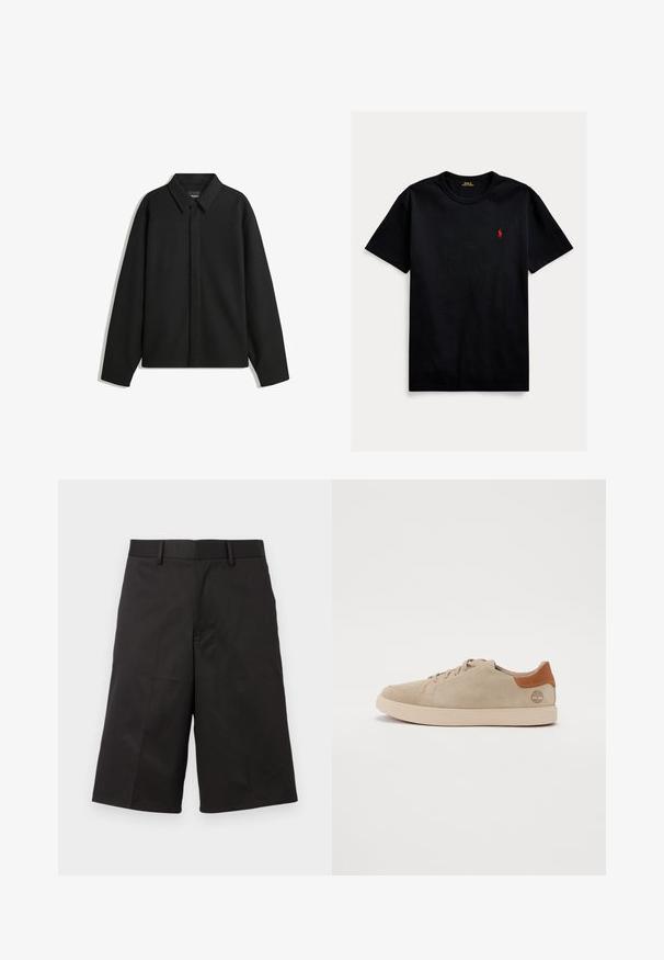 Giacca nera a maniche lunghe con colletto a punta, patta frontale e una texture liscia. Vestibilità rilassata con spalle scese.; T-shirt in cotone nero con maniche corte, collo rotondo e un piccolo logo rosso sul lato sinistro del petto. Tessuto liscio, vestibilità standard.; Pantaloni corti neri con un design su misura, realizzati in tessuto liscio, con una parte anteriore piatta, passanti per la cintura e gambe dritte e curate.; Sneaker in suede beige con un design cucito, suola in gomma chiara e dettagli in pelle marrone sul tallone e sul logo.