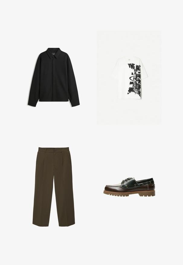 Černá bunda s dlouhým rukávem, špičatým límcem, přední légou a hladkým texturem. Volný střih s kleslými rameny.; Bílý bavlněný tričko s volným střihem, s výrazným černým grafickým textem pokrývajícím přední stranu. Krátké rukávy a design s kulatým výstřihem.; Hnědé volné kalhoty vyrobené z měkké látky, s plochým předním dílem, bočními kapsami a knoflíkovým zavíráním v pase. Jednoduchý design bez vzorů.; Hnědé a zelené kožené lodní boty s bílým šitým vzorem, kulatými šňůrkami a texturovanou gumovou podrážkou. Odolná konstrukce s kovovými očky.