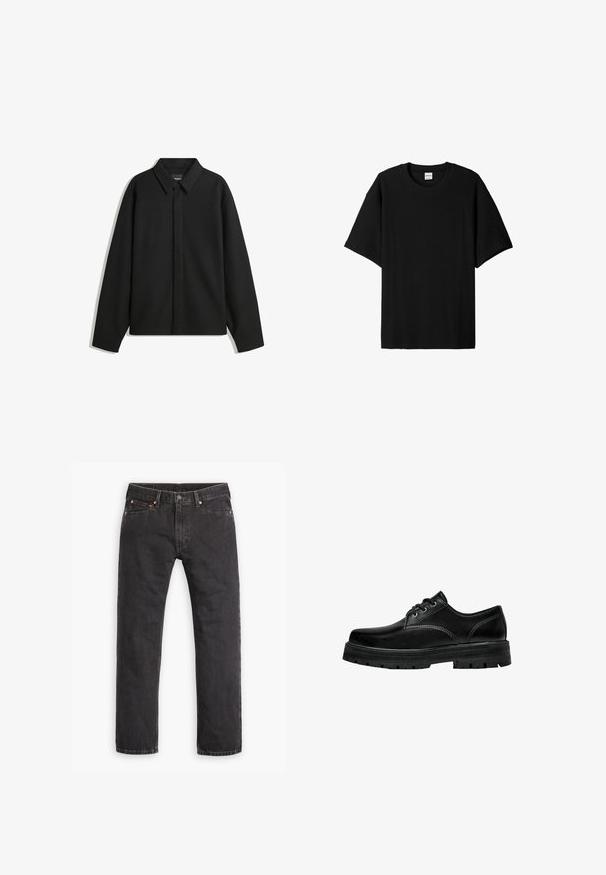 Black long-sleeve shirt jacket with a pointed collar, front placket, and a smooth texture. Relaxed fit with dropped shoulders.; Black ribbed short-sleeve t-shirt with a round neck, featuring a relaxed fit and textured surface. Simple design; no graphics or accents.; Black straight-leg denim jeans with five pockets, button closure, and copper rivets laid flat on a white background.; Black leather lace-up shoe with a rounded toe, textured finish, and thick rubber outsole featuring deep tread for grip.