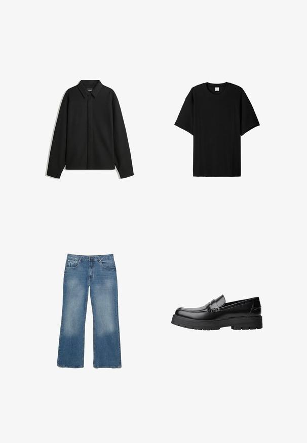 Crna jakna s dugim rukavima i oštrim ovratnikom, prednjim kopčanjem i glatkom teksturom. Opušteni kroj s spuštenim ramenima.; Crna rebrasta kratka majica s kratkim rukavima i okruglim izrezom, s opuštenim krojem i teksturiranom površinom. Jednostavan dizajn; bez grafika ili akcenta.; Svijetloplave traper široke hlače s izblijedjelim finišem, pet džepova i zatvaračem. Šavovi su prošiveni i imaju klasičan kroj.; Crna kožna mokasina s debelim potplatima i dekorativnom trakom preko gornjeg dijela, prikazana u lijevom bočnom profilu na bijeloj pozadini.