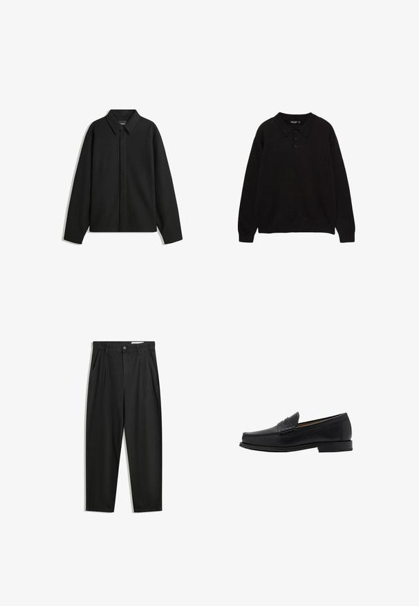 Zwarte lange mouwen overhemdjasje met een spitse kraag, voorste sluiting en een zachte textuur. Losse pasvorm met een verlaagde schouder.; Zwarte poloshirt met lange mouwen, een kraag, een drieknopssluiting en ribgebreide boorden en onderkant, gemaakt van een gestructureerde stof.; Zwarte katoenen broeken met een losse pasvorm, voorzien van een klassieke tailleband, voorplooien en zijzakken. Gladde structuur zonder patronen.; Mango Zakelijke loafers - black