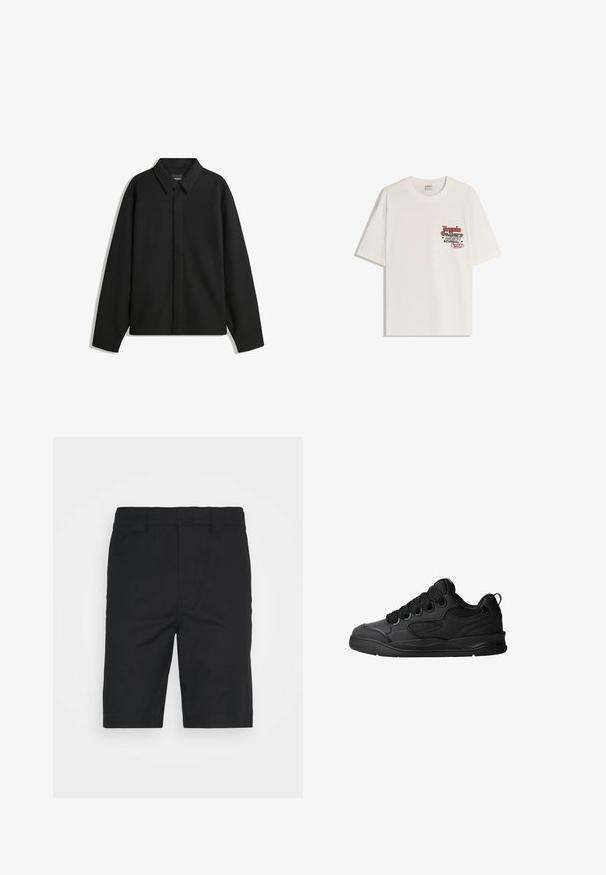 Black long-sleeve shirt jacket with a pointed collar, front placket, and a smooth texture. Relaxed fit with dropped shoulders.; White cotton t-shirt with short sleeves, round neckline. Features a printed graphic in red and black text on the left chest area.; Black cotton shorts with a straight cut, belt loops, and a clean hem finish. Features hidden front pockets and a smooth texture.; Black sneakers with a textured upper, featuring laces, mesh accents for breathability, padded collar, and a sturdy outsole.
