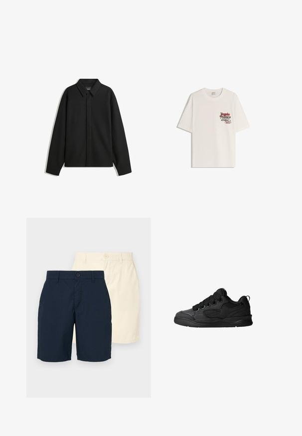Fekete, hosszú ujjú ingdzseki hegyes gallérral, elülső gombolással és sima textúrával. Laid-back fit, lekonyult vállakkal.; Fehér pamut póló rövid ujjakkal és kerek nyakkivágással. Az elülső bal mellkas részen piros és fekete szöveggel nyomtatott grafika található.; Két rövidnadrág: egy tengerészkék és egy világos bézs. Mindkettő egyenes szabású, gombos záródású és sima, könnyű anyagból készült.; Fekete sportcipő texturált felsőrésszel, fűzőkkel, légáteresztő hálós részletekkel, párnázott bokarésszel és tartós talppal.