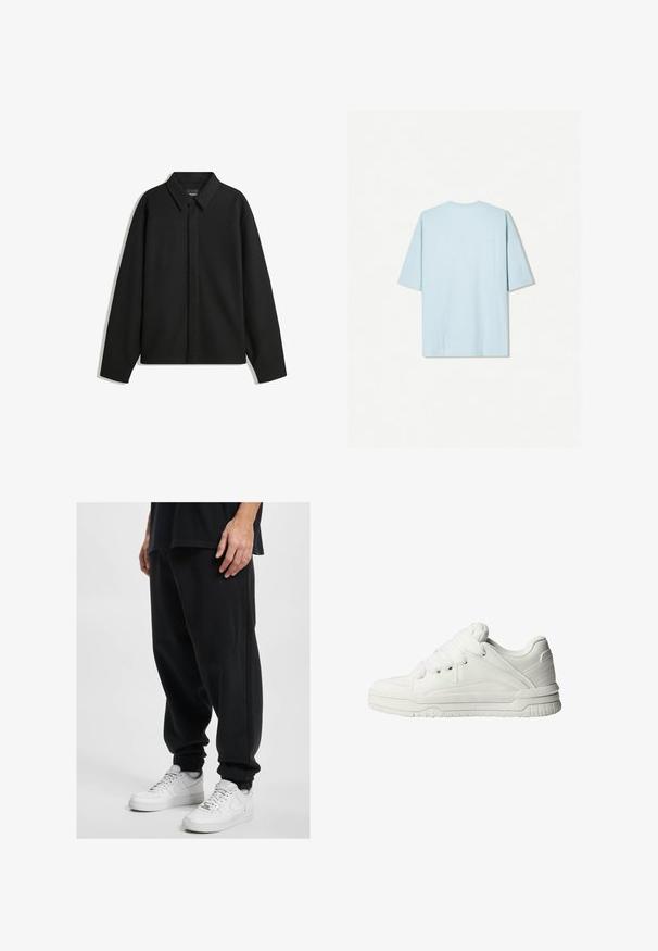 Zwarte lange mouwen overhemdjasje met een spitse kraag, voorste sluiting en een zachte textuur. Losse pasvorm met een verlaagde schouder.; Lichtblauw katoenen t-shirt met een ronde hals, korte mouwen en een eenvoudig achterkantontwerp met een kleine horizontale naaddetail.; DEF Trainingsbroek - black washed; Witte sneakers met een gladde leren buitenkant, een gevoerde tong, platte veters en getextureerde accenten aan de zijkanten en hiel.