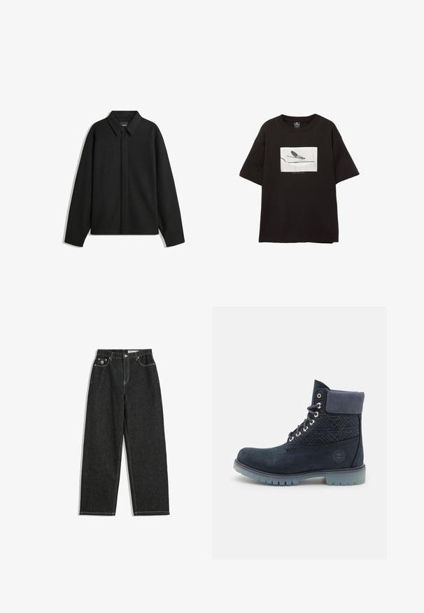 Jachetă neagră cu mâneci lungi și guler ascuțit, cu placket frontal și o textură netedă. Croială lejeră cu umeri lăsați.; Tricou negru din bumbac, cu mâneci scurte, prezentând o grafică rectangulară albă cu o muscă pe o linie subțire, branding minim sub imagine.; Jeanși negri cu picioare drepte, cusături albe, design cu cinci buzunare, închidere cu nasture și fermoar, și un mic logo pe buzunarul din dreapta față.; Timberland Botine cu șireturi - navy