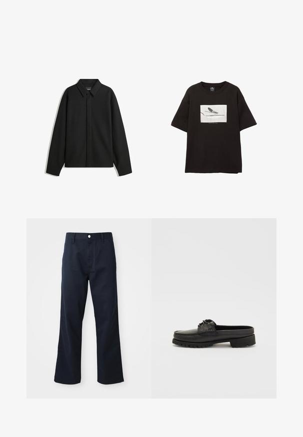Czarna koszula-zakładka z długimi rękawami i spiczastym kołnierzykiem, z przodu z guzikami i gładką fakturą. Luźny krój z obniżonymi ramionami.; Czarny bawełniany t-shirt z krótkim rękawem, z białą prostokątną grafiką muchy na cienkiej linii, minimalne logo poniżej obrazu.; Granatowe bawełniane spodnie z prostymi nogawkami, z zamkiem błyskawicznym, zapięciem na guzik i kieszeniami z przodu. Gładka tekstura i staranne wykończenie.; Czarne skórzane buty wsuwane z detalami w postaci sznurków, okrągłym noskiem i teksturowaną podeszwą. Posiadają lekko podwyższony obcas i gładkie wykończenie.
