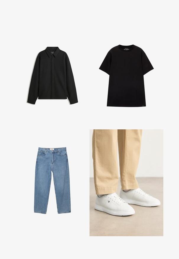 Giacca nera a maniche lunghe con colletto a punta, patta frontale e una texture liscia. Vestibilità rilassata con spalle scese.; PULL&BEAR JOIN LIFE - T-shirt basic - black; Jeans in denim blu chiaro con taglio dritto, design a cinque tasche e etichetta del marchio visibile in vita.; Sneakers in pelle bianca con finitura liscia, dotati di punta rotonda, chiusura con lacci e dettaglio logo discreto sul lato, abbinati a pantaloni beige.