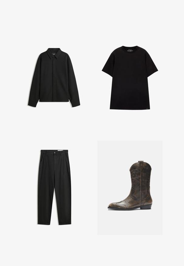 Črna dolga majica s kratkimi rokavi z ostrim ovratnikom, sprednjim zapiranjem in gladko teksturo. Ohlapen kroj z nizkimi rameni.; PULL&BEAR JOIN LIFE - Navadna majica - black; Črne bombažne hlače s sproščenim krojem, ki vključujejo klasičen pas, sprednje gube in stranske žepke. Gladka tekstura brez vzorcev.; Rjavi usnjeni kavbojški čevlji z visokim ščitnikom, koničastim nosom, zapletenimi šivi in malo peto. Vzorec strukture po celotni površini.