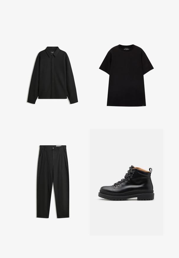 Črna dolga majica s kratkimi rokavi z ostrim ovratnikom, sprednjim zapiranjem in gladko teksturo. Ohlapen kroj z nizkimi rameni.; PULL&BEAR JOIN LIFE - Navadna majica - black; Črne bombažne hlače s sproščenim krojem, ki vključujejo klasičen pas, sprednje gube in stranske žepke. Gladka tekstura brez vzorcev.; Zign LEATHER - Gležnjarji z vezalkami - black