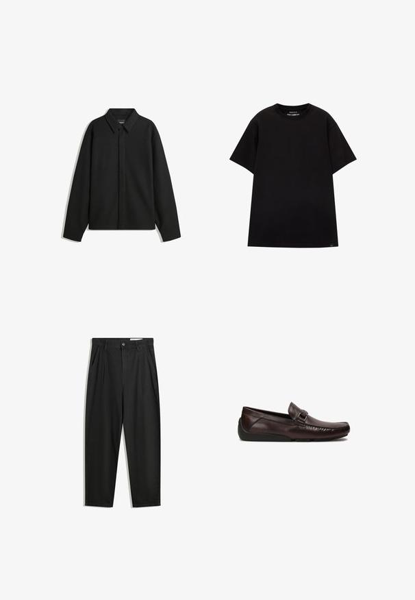 Črna dolga majica s kratkimi rokavi z ostrim ovratnikom, sprednjim zapiranjem in gladko teksturo. Ohlapen kroj z nizkimi rameni.; PULL&BEAR JOIN LIFE - Navadna majica - black; Črne bombažne hlače s sproščenim krojem, ki vključujejo klasičen pas, sprednje gube in stranske žepke. Gladka tekstura brez vzorcev.; Rjavi usnjeni loferji s zaobljenim nosom, dekorativno sponko in teksturirano prednjo šivanko, opremljeni s fleksibilnim črnim gumijastim podplatom.