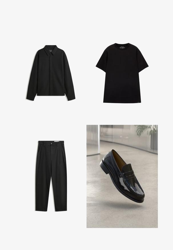 Zwarte lange mouwen overhemdjasje met een spitse kraag, voorste sluiting en een zachte textuur. Losse pasvorm met een verlaagde schouder.; PULL&BEAR JOIN LIFE - T-shirt basic - black; Zwarte katoenen broeken met een losse pasvorm, voorzien van een klassieke tailleband, voorplooien en zijzakken. Gladde structuur zonder patronen.; Zwarte gepatineerde leren instapper met een gestikt accent, ronde neus, lage hak en een glad oppervlak, uiteengezet tegen een neutrale achtergrond.