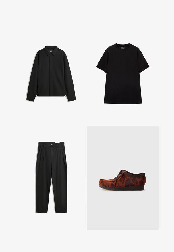 Giacca nera a maniche lunghe con colletto a punta, patta frontale e una texture liscia. Vestibilità rilassata con spalle scese.; PULL&BEAR JOIN LIFE - T-shirt basic - black; Pantaloni in cotone neri con una vestibilità rilassata, dotati di una vita classica, pieghe frontali e tasche laterali. Tessuto liscio senza fantasie.; Scarpe marroni e arancioni con macchie, dalla punta tonda, con allacciatura frontale e una tomaia testurizzata, montate su una suola piatta scura.