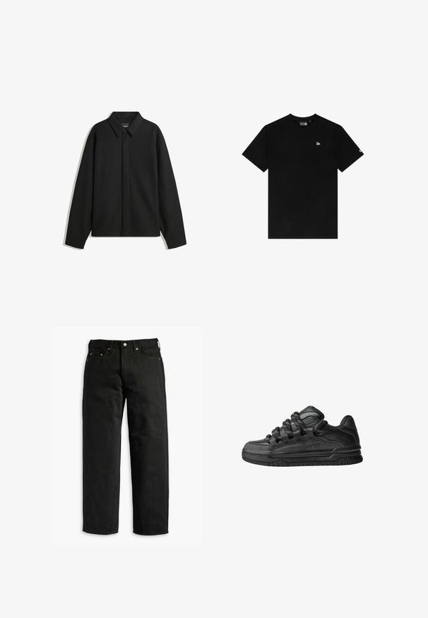 Black long-sleeve shirt jacket with a pointed collar, front placket, and a smooth texture. Relaxed fit with dropped shoulders.; Black cotton t-shirt with a crew neck, short sleeves, featuring a small white logo on the left chest and no additional patterns or accents.; Black denim jeans with a relaxed fit, featuring five pockets and copper rivets, flat waistband, and straight legs, smooth texture.; Black sneakers with a smooth leather upper, textured accents, and round black and white laces. Thick rubber sole with a patterned tread.