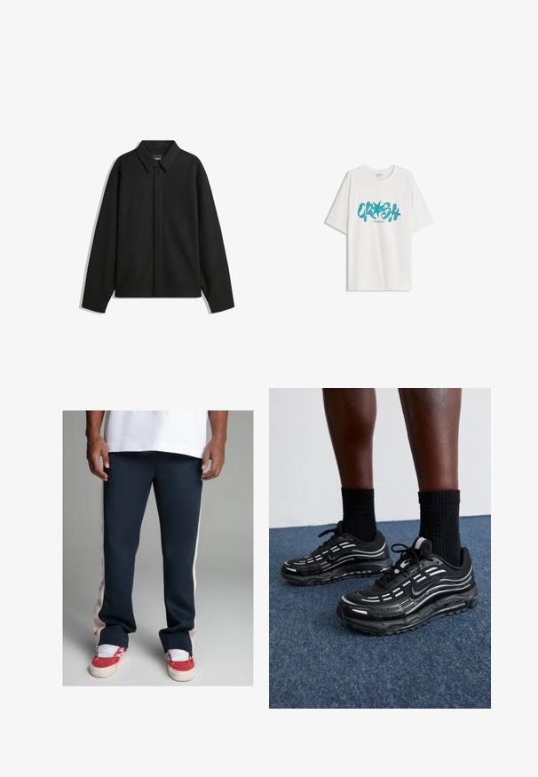 Črna dolga majica s kratkimi rokavi z ostrim ovratnikom, sprednjim zapiranjem in gladko teksturo. Ohlapen kroj z nizkimi rameni.; Bershka SHORT SLEEVE - Potiskana majica - white; Mornarska trenirka s kremnimi stranskimi paneli. Narejena iz gladkega materiala, s刺šitim logotipom na levem stegnu in ožjim krojem.; Črne Nike čevlje imajo mrežasto zgornji del z naglasnimi črtami, teksturirane vezalke in črn gumijast podplat. Nosijo se s črnimi rebrastimi nogavicami.