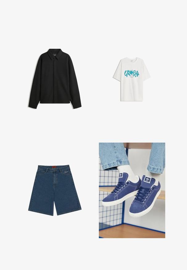 Fekete, hosszú ujjú ingdzseki hegyes gallérral, elülső gombolással és sima textúrával. Laid-back fit, lekonyult vállakkal.; Bershka SHORT SLEEVE - Nyomott mintás póló - white; Sötétkék farmert nadrág, közepes derékkal, patentgombos záródással, elülső zsebekkel és hímzett logóval a bal oldalon.; Sötétkék Adidas sportcipő, ami hasított bőrből készült, fehér gumi talppal, kerek orral és logóval ellátott nyelvvel. Élénk fehér zokni látható.