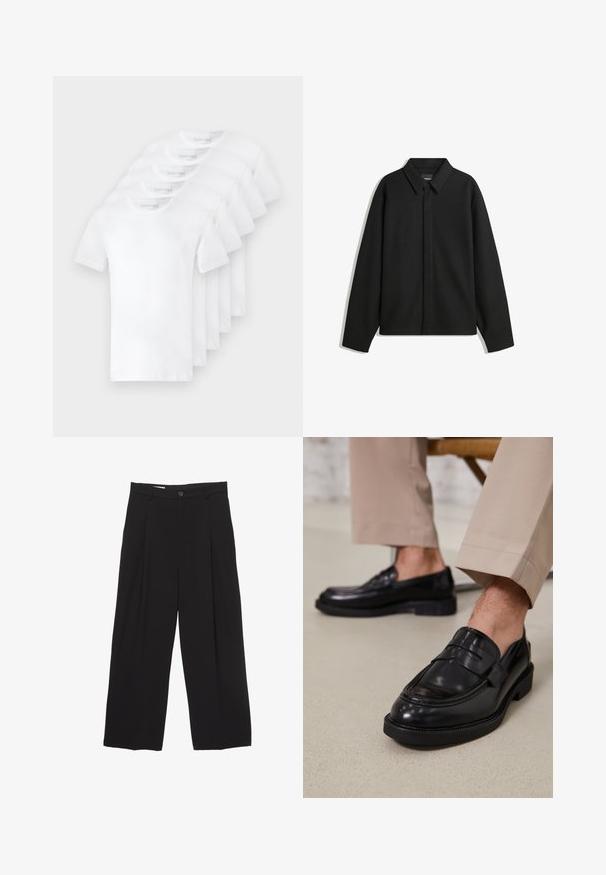 Fekete, hosszú ujjú ingdzseki hegyes gallérral, elülső gombolással és sima textúrával. Laid-back fit, lekonyult vállakkal.; Öt fehér pamut póló, rövid ujjú és kerek nyakkivágással, gondosan egymásra rakva. A galléron a "Kiválasztott" felirat olvasható.; Fekete, bő szárú nadrág sima anyagból, lapos derékpánttal, elülső redőkkel és egy gombos záródással.; Fekete bőr loaferek sima felülettel, díszítő pánttal és kontrasztos varrással, bézs nadrággal párosítva.